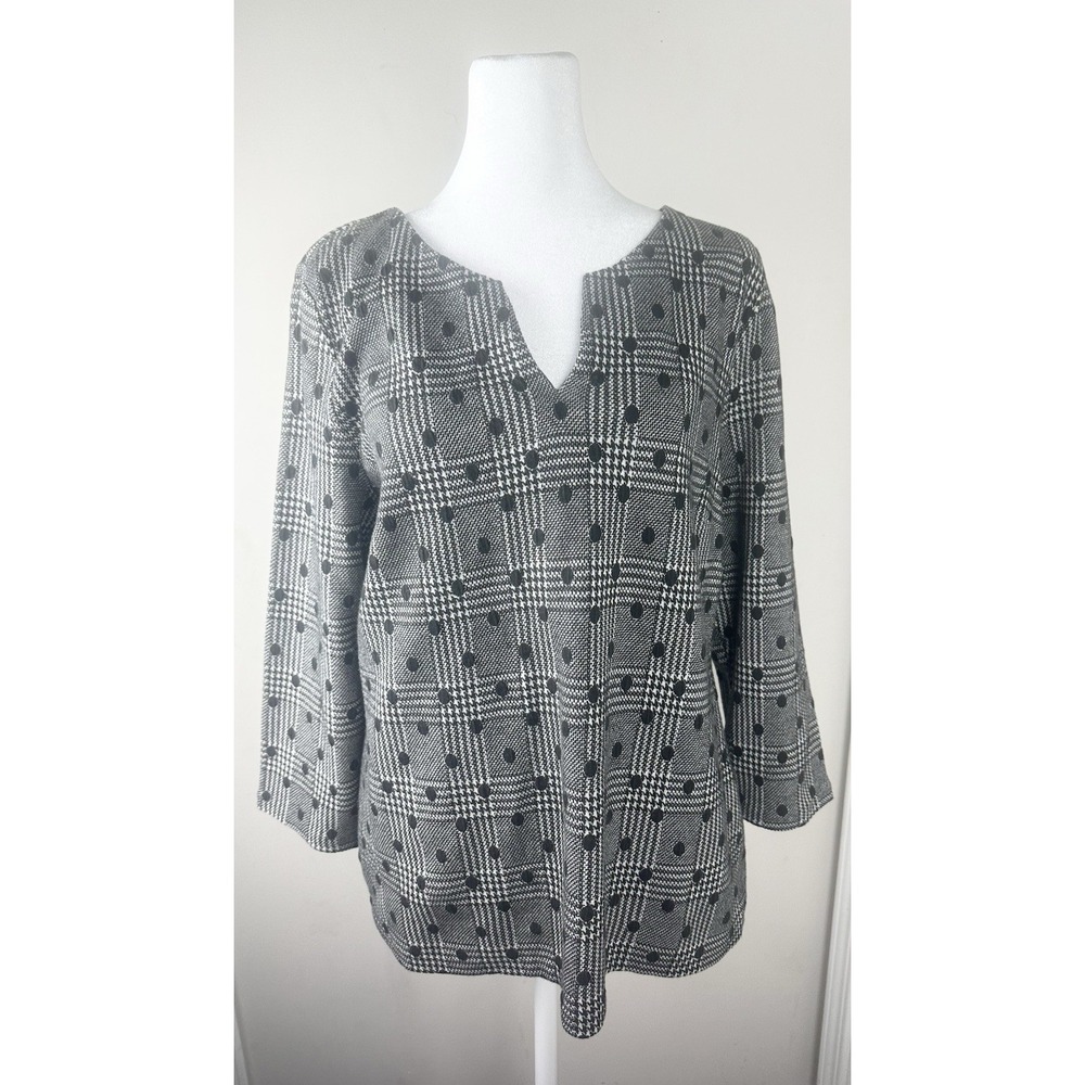 Talbots Black White V-Neck Textured Zip Back Top Houndstooth 3/4 Sleeve-Sz L